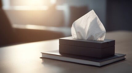 A professional therapy setting displays a tissue box with one tissue gently lifted placed next to a closed