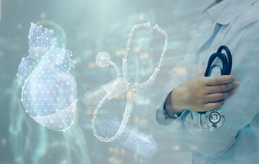 Doctor holding a stethoscope with a futuristic medical hologram interface. Concept of AI in medicine, digital healthcare innovation, smart hospital technology, and virtual anatomy diagnosis.