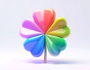 A vibrant, colorful cloverleaf composed of rainbow heart-shaped petals
