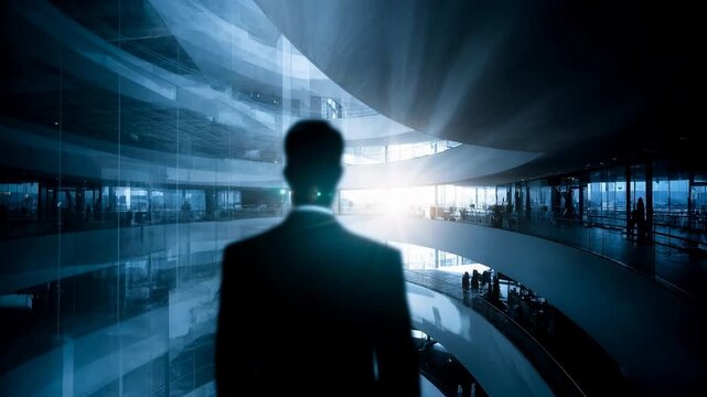Man walking through futuristic glowing corridor ambitious business vision captured with rich cinematic detail emotional atmosphere and striking depth creating a compelling visual moment idea