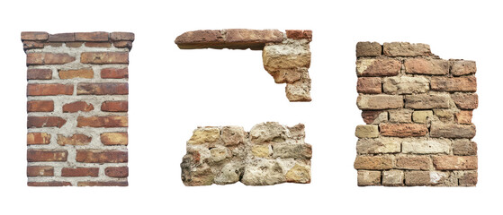 Obraz premium Detailed View Of Several Old Brick Wall Fragments Against Transparent Background