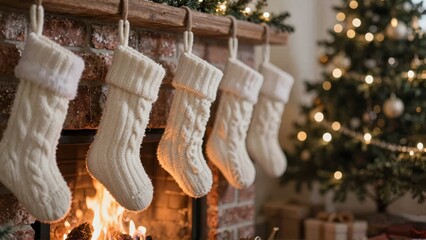 White Christmas stockings hanging by fireplace with tree and fire