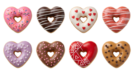 Heart shaped donut set including chocolate, strawberry, vanilla, and caramel frosted doughnuts with sprinkles isolated. Valentine day and sweet dessert collection.