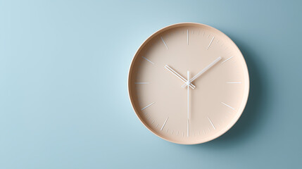 A minimalist cream-colored clock on a light blue background ample negative space