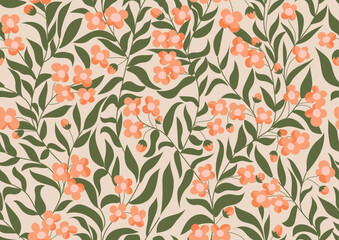 Simple hand drawn forest of mockorange flowers, buds and leaves as a maximalist floral pattern in colors of orange, cream and green on beige. Botanical garden seamless vector pattern. Home decor, etc