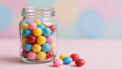 Colorful candy jar with spilled sweets on pastel background