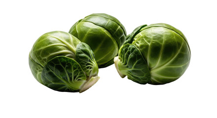 Fototapeta premium Three Fresh Green Brussel Sprouts Isolated on Transparent Background Showing Detailed Texture and Natural Colors