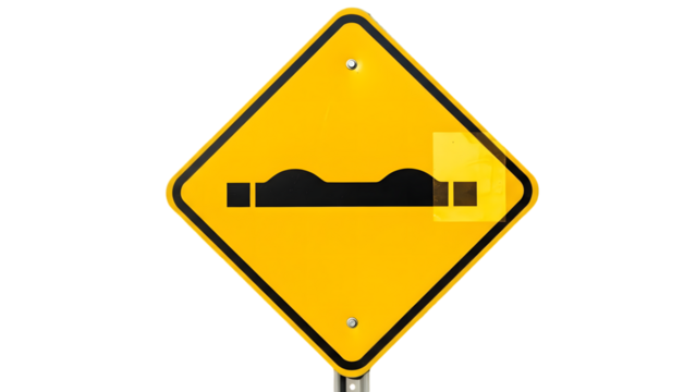 Yellow diamond shaped road sign warning of a bumpy or uneven road surface ahead - Powered by Adobe