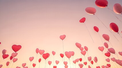 Obraz premium Romantic Red Heart Balloons Floating into the Sunset Sky.