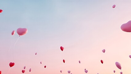 Dreamy pink and red hearts floating in a pastel sunset sky.