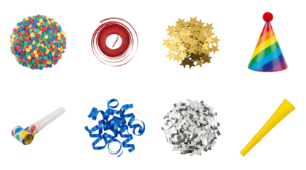 Party celebration accessories set including confetti, streamers, paper stars, festive hat, and blowouts isolated. Birthday and holiday event decorations collection.