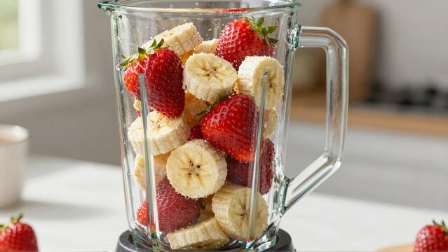 Strawberries and bananas in blender jar - Powered by Adobe