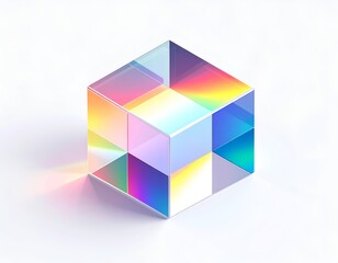 A transparent cube refracts light, creating a rainbow effect