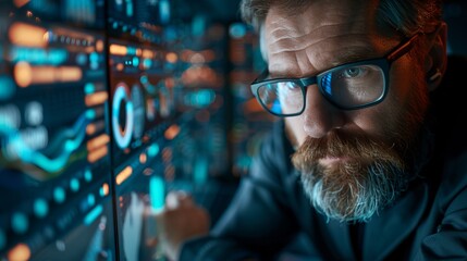 A focused analyst examines intricate business data visualizations on a modern desktop computer