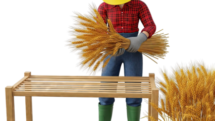 Farmer Holding Wheat Sheaves with Wooden Bench and Wheat Stalks