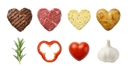 Heart shaped food ingredients set including grilled steak, raw beef, herb butter, potato, rosemary, pepper, tomato, and garlic isolated. Romantic cooking and valentines day dinner collection.