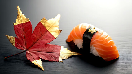 still life, Japanese autumn kintsugi a fragment of a red maple leaf with golden veins (painted) lying next to a piece of salmon nigiri on a slate, the gold leaf 