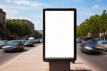 Blank billboard stands prominently on a city street with blurred traffic