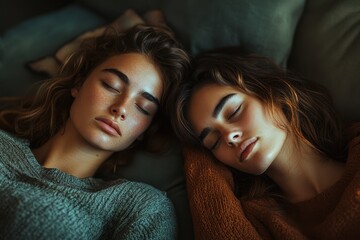 Tired women resting on a cozy couch in a warm home environment after a long day, feeling frustration wash away in a moment of peace and relaxation at dusk