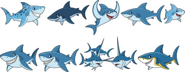 Cute Cartoon Shark Vector Set with Smiling Expressions Blue Marine Predator Fish Illustration Collection
