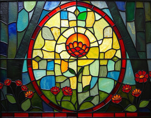 Colorful stained glass window. Multicolored interior design template. Oil painting