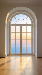 Elegant arched window with warm sunlight on wooden floor in modern architecture, serene mood, Generative AI