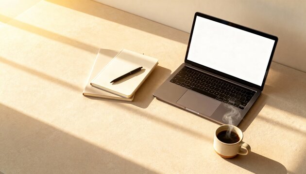 Modern laptop placed on a clean desk with a bright blank white screen offering generous space for text, branding or mockup presentation.