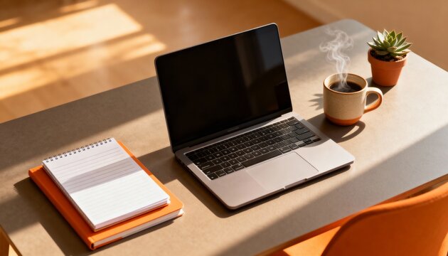 Modern laptop placed on a clean desk with a bright blank white screen offering generous space for text, branding or mockup presentation.