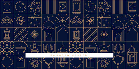Ramadan Kareem background pattern in Art Deco style. Modern Islamic greeting card, banner and poster template design in minimal line style. © jennylipmic