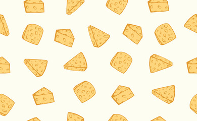 Hand drawn italian food pattern in doodle style. Cheese pieces in quirky crayon style. Italy ingredient, cheese chunk, mediterranean dinner element for pasta, menu. Minimal doodle sketch. Vector illus