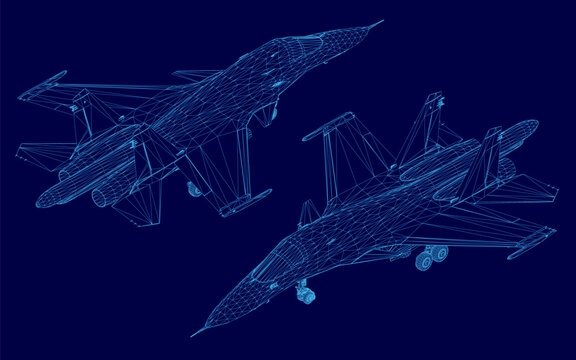 Two 3D fighter jets fly in formation against a solid blue background. The realistic military aircraft are presented alongside their detailed wireframe models. Isometric view