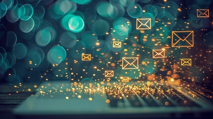Laptop displaying white envelope icons representing digital communication overload and email spam