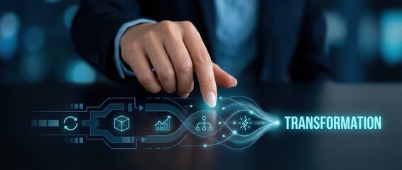 Person touching digital interface with transformation icon, modern blue technology concept for business growth, evolution and innovation with blurred