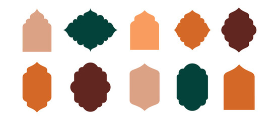 Collection of linear Islamic windows, mosque doors, frames and arches. Minimal golden Arabic oriental style elements for Ramadan Kareem and Eid Mubarak.