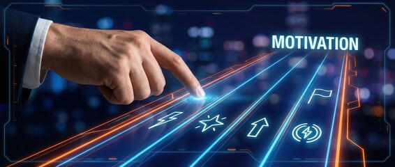 Human Finger Touching Glowing Button on Futuristic Interface with Motivation Text, Progress, Goal Setting, and Business Strategy Concept, Tech Blue
