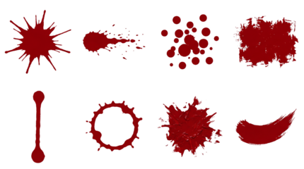 Red blood and paint splatter set including drips, spray, stains, ring, and brush stroke textures isolated. Horror and crime scene design elements.