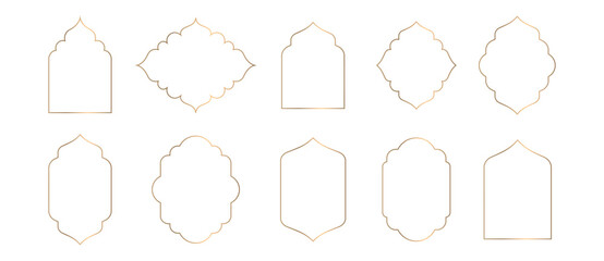 Collection of linear Islamic windows, mosque doors, frames and arches. Minimal golden Arabic oriental style elements for Ramadan Kareem and Eid Mubarak.