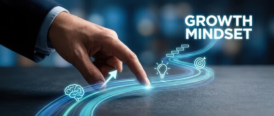 Hand guiding path to growth mindset, success ladder, strategy, ideas, blue design, business concept, achievement, aspirations, direction, vision