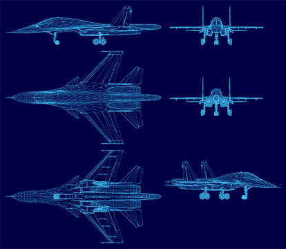 Blueprint of four unique fighter jets in a symmetrical wireframe set against a stark blue background. The military aircraft designs are clean and technical.