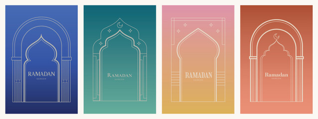 Collection of linear Islamic windows, mosque doors, frames and arches. Minimal golden Arabic oriental style elements for Ramadan Kareem and Eid Mubarak.