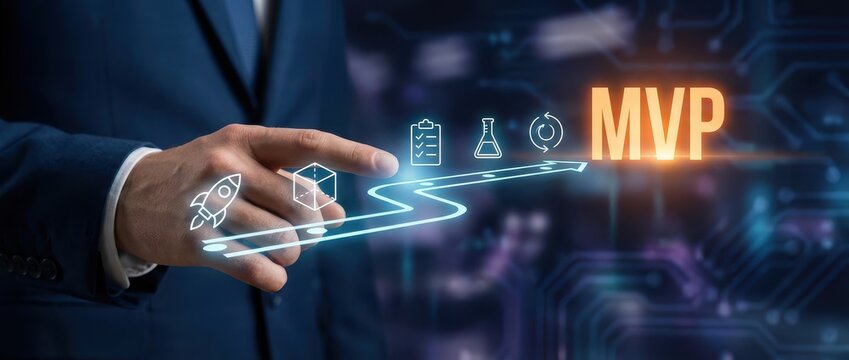 MVP (Minimum Viable Product) Concept. Businessman Touching Digital Screen