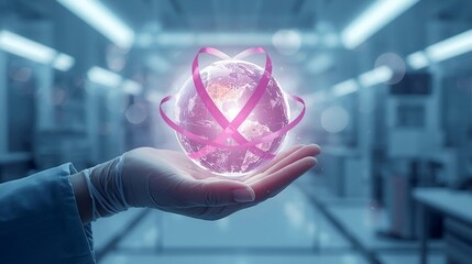 Doctor Holding Glowing Earth Globe with Pink Ribbon for Breast Cancer Awareness in Laboratory