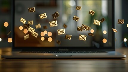 Laptop screen displaying flying envelope icons symbolizing email overload and spam issues