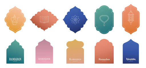 Collection of linear Islamic windows, mosque doors, frames and arches. Minimal golden Arabic oriental style elements for Ramadan Kareem and Eid Mubarak.