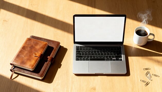 Modern laptop placed on a clean desk with a bright blank white screen offering generous space for text, branding or mockup presentation.