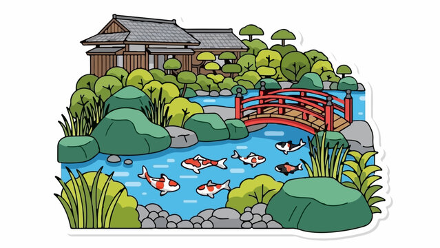 A serene Japanese garden scene featuring a traditional house, red bridge, koi pond, and lush greenery