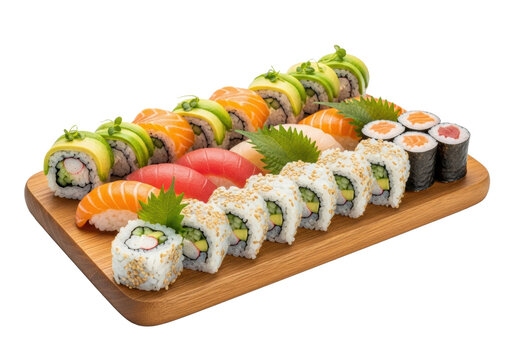 Gourmet Japanese sushi, maki, and nigiri with salmon, tuna on a polished light brown hardwood board, transparent background, copy space, concept of sophisticated oriental dining