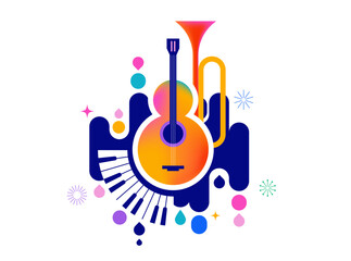 Colorful carnival and music festival poster and banner with abstract musical instruments