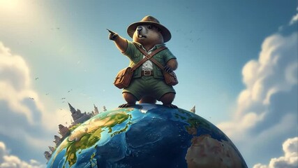 Cartoon groundhog explorer pointing on top of the world globe