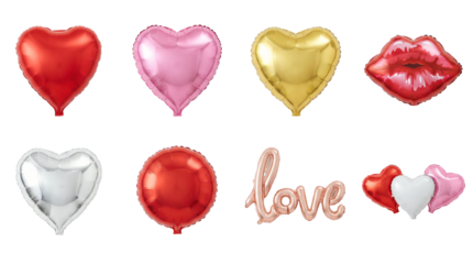 Valentine's day balloon set including red, pink, gold, silver, and rose hearts, lips, and love text isolated. Party and celebration decoration collection.